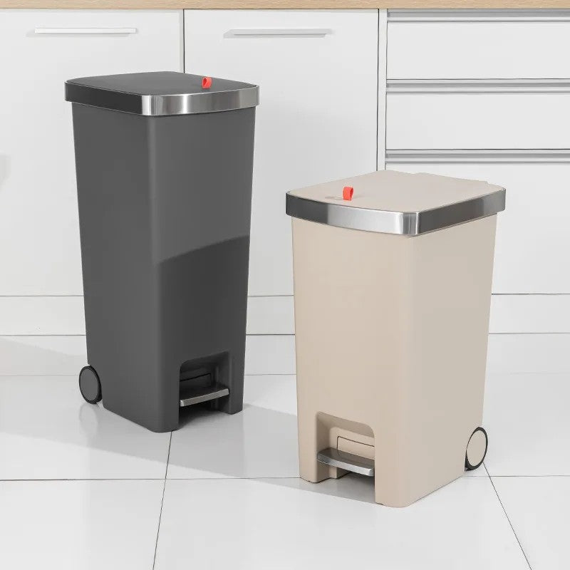 Solid Color Rectangle Movable Waste Bins High-capacity Foot-stepping Lid Waste Bins Metal Frame Modern Simple Home Merchandises