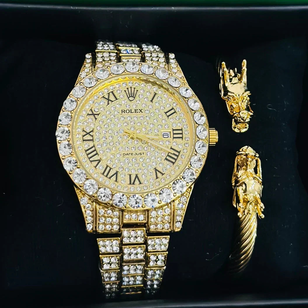 Rolex iced out Golden Watch with Dragon Bracelet