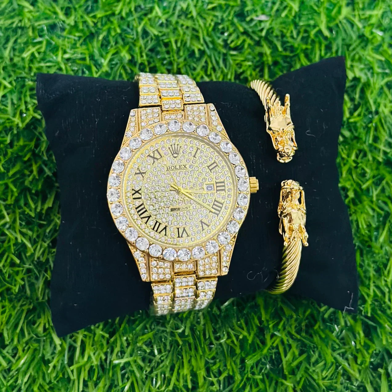 Rolex iced out Golden Watch with Dragon Bracelet